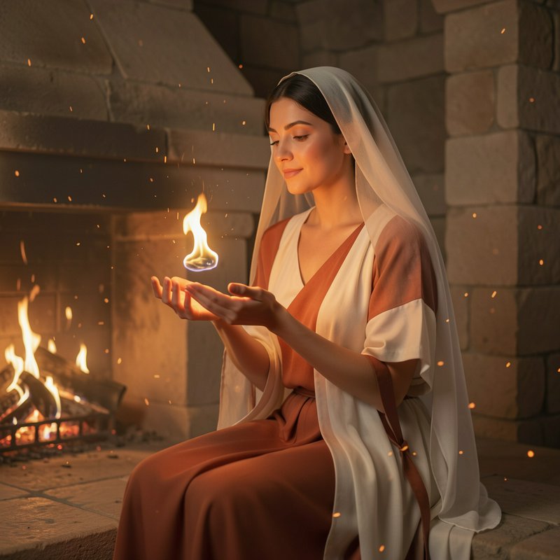 Veiled woman in historical robes holds a floating magical flame while sitting by a lit stone fireplace