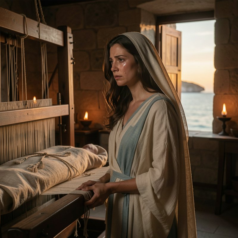 Grieving robed biblical woman weeping beside a wooden loom in a candlelit stone seaside cottage