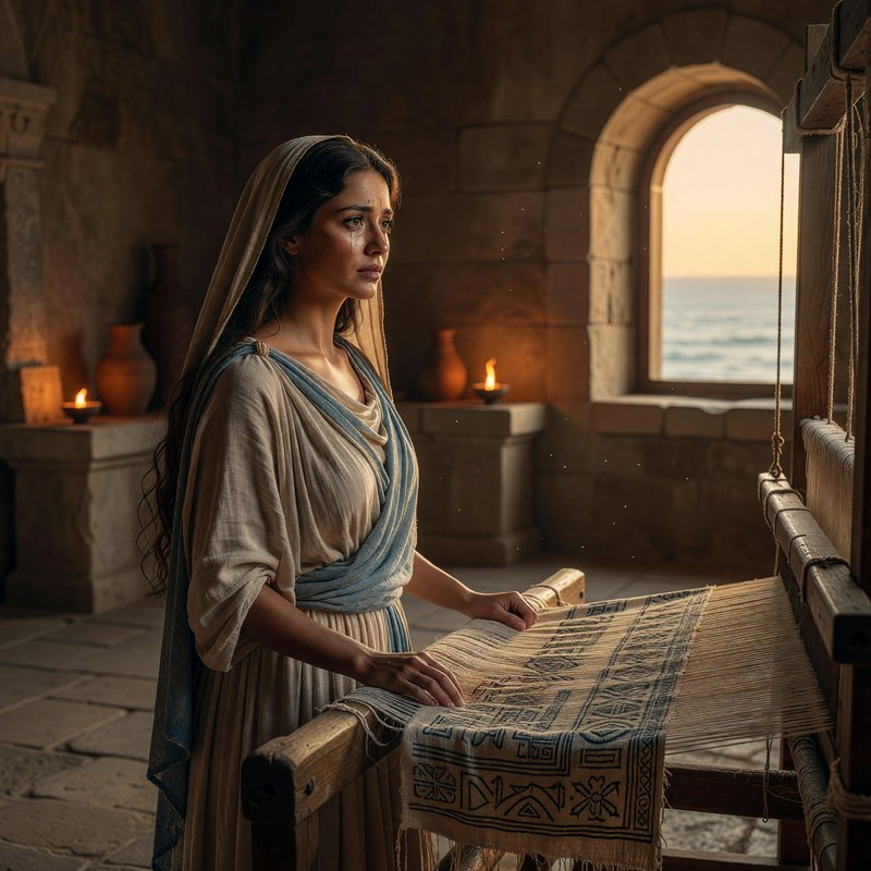 Grieving ancient woman in period robes stands at a wooden weaving loom in a stone seaside chamber.