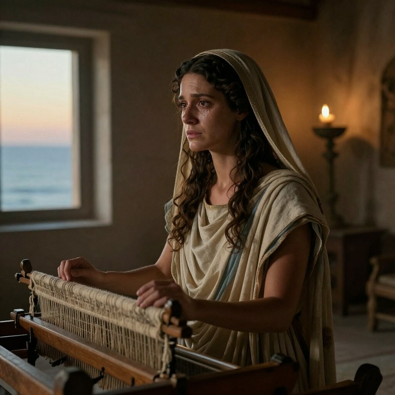 A tearful ancient Greek woman sits at a wooden loom, sunset sea visible through a nearby window