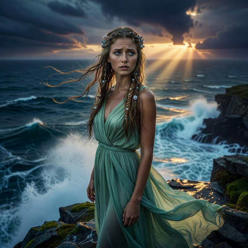 Ethereal sea goddess in a flowing green gown standing on stormy coastal cliffs at dramatic sunset