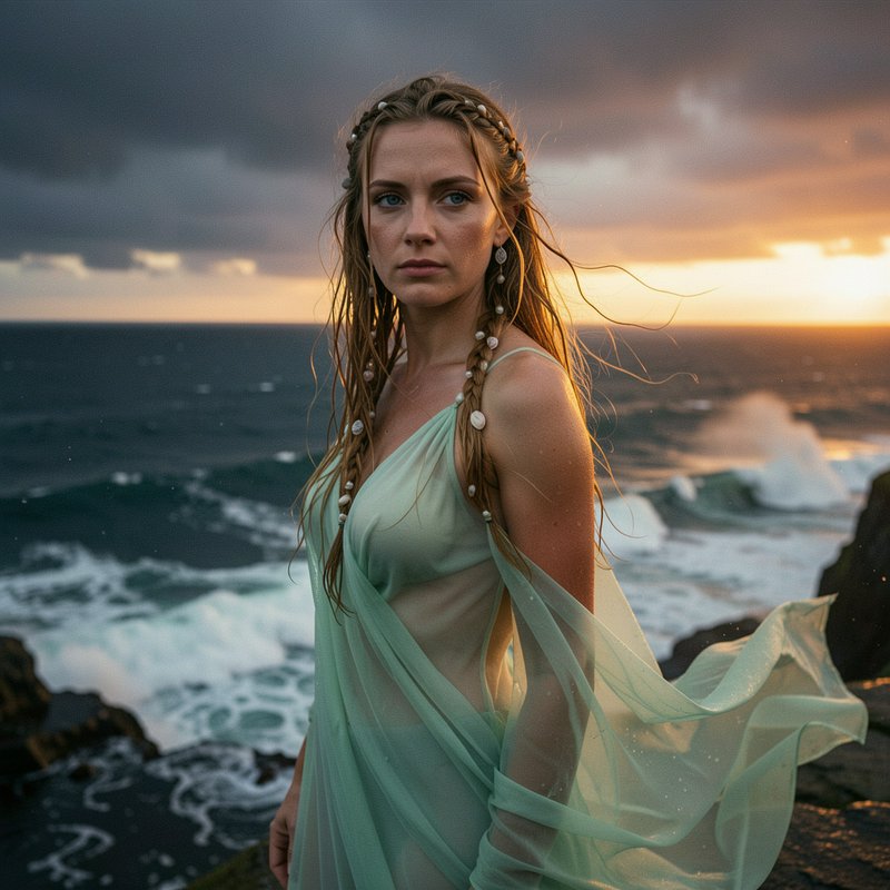 Ethereal woman in a sheer green gown stands on a rocky stormy coastline at sunset