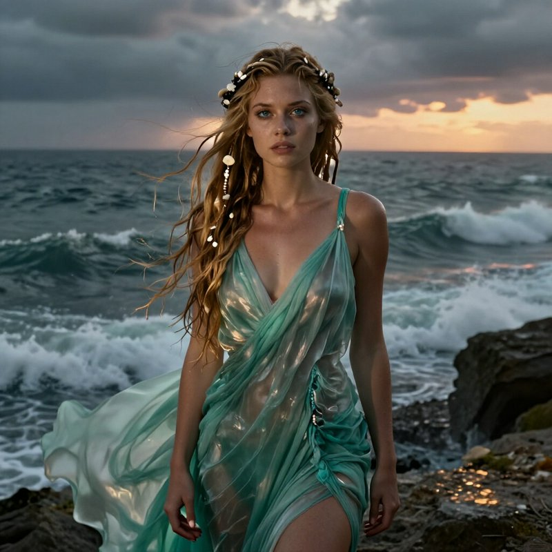 Ethereal woman in sheer turquoise gown with shell hair accents stands on rocky shore at stormy oc...