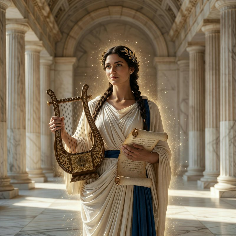 Greek muse wearing a laurel wreath holds an ornate lyre and scroll in a sunlit marble temple corr...