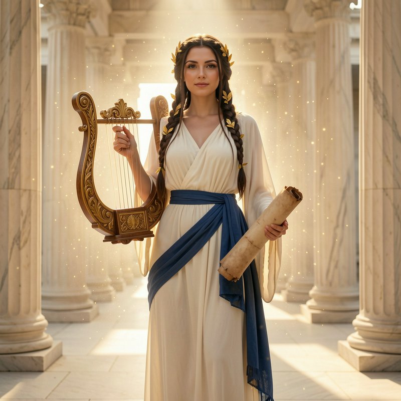 Greek muse holds a lyre and scroll while standing in a sunlit ancient marble temple