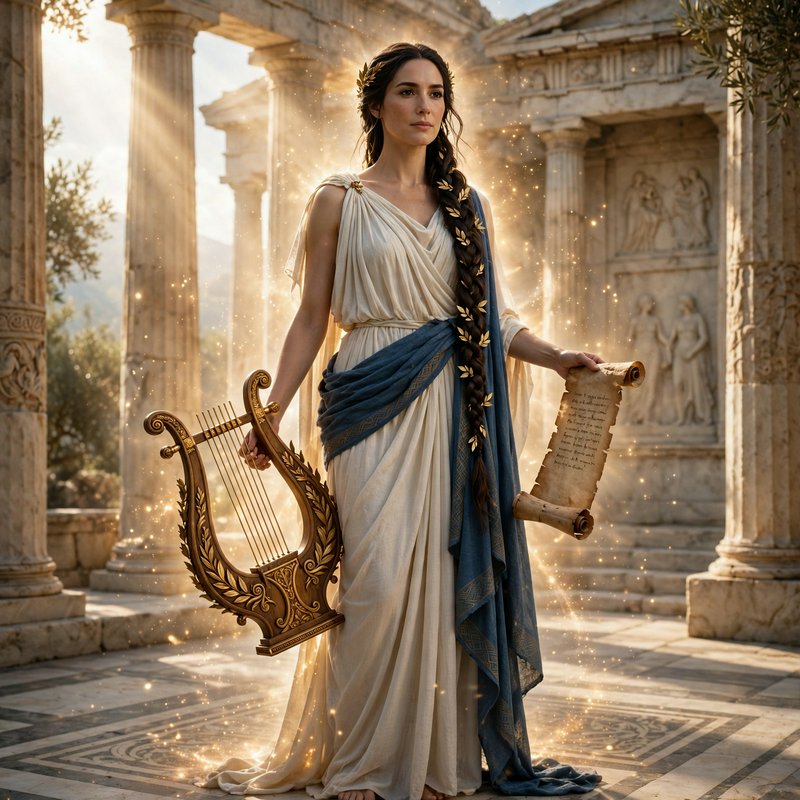 Greek muse goddess stands in a sunlit ancient marble temple holding an ornate lyre and papyrus scroll