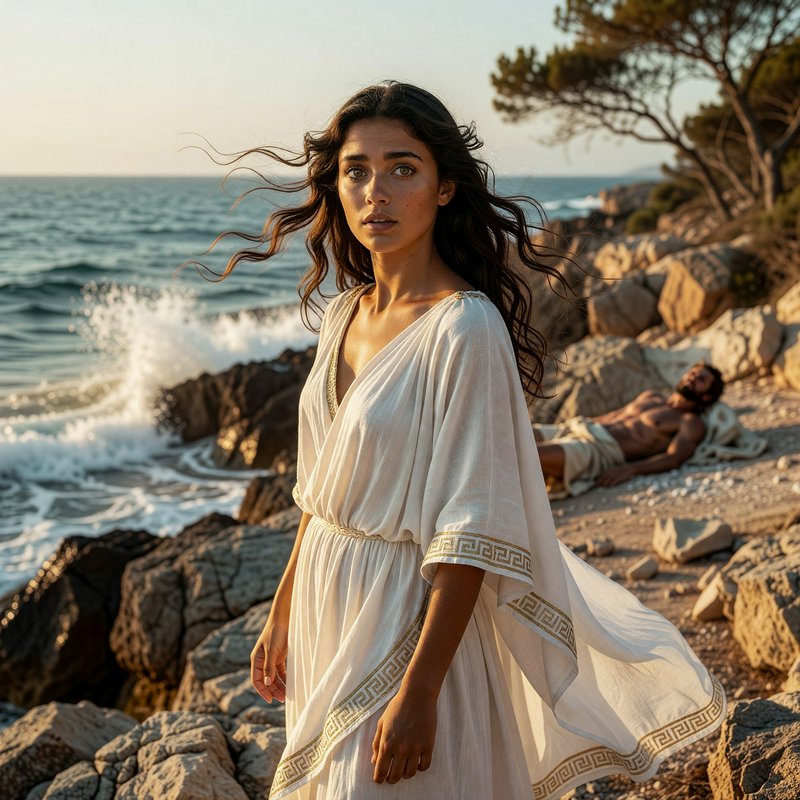 Young woman in a flowing embroidered Greek tunic stands on a rocky Mediterranean shore at golden hour