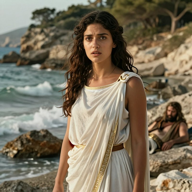 Young woman in an ancient Greek chiton stands on a rocky Mediterranean seashore, with a reclining man in the background.