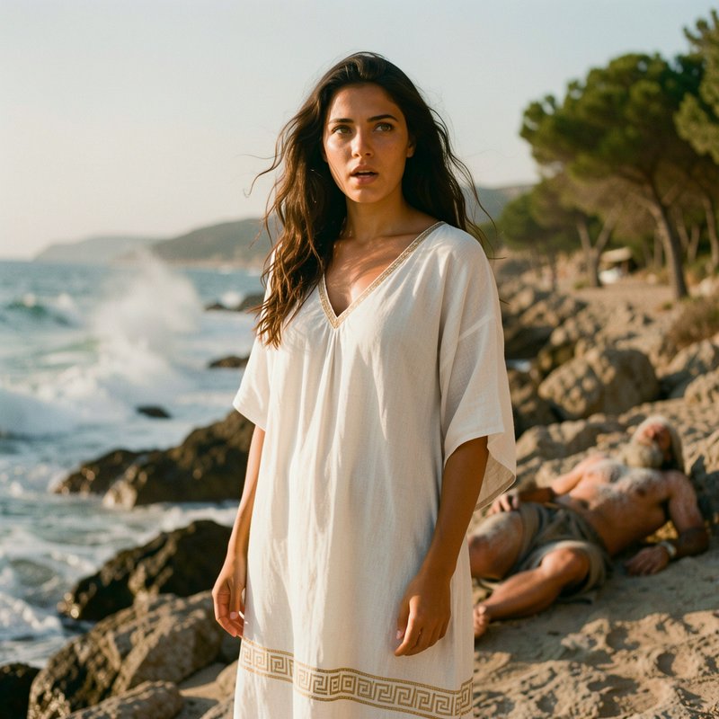 Woman in a Greek trim linen dress stands on a sunlit rocky beach beside crashing ocean waves