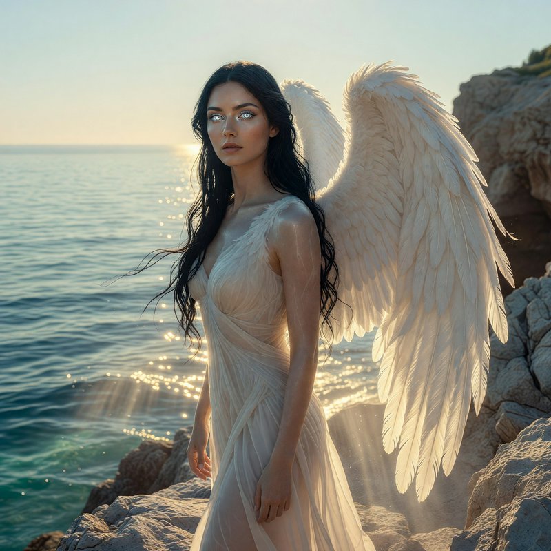 Ethereal angel woman with large white wings standing on rocky seaside cliffs at golden hour