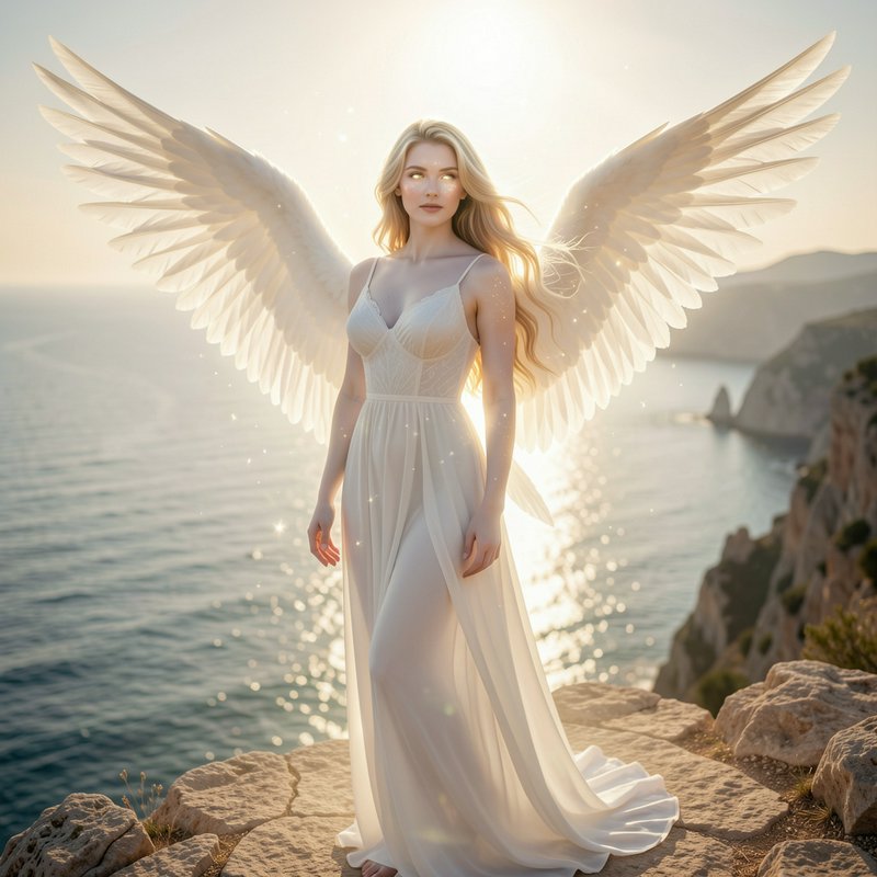Ethereal blonde angel with large white wings stands on a sunlit coastal cliff overlooking the ocean