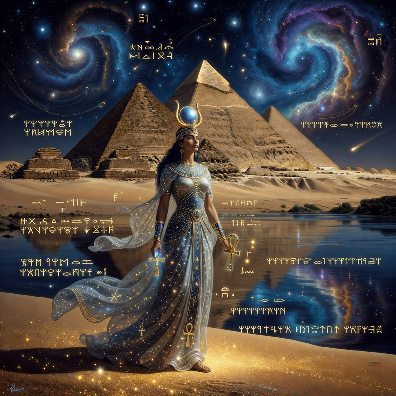 Egyptian goddess Isis holding golden ankh symbols stands by the Nile with Giza pyramids under a swirling cosmic sky