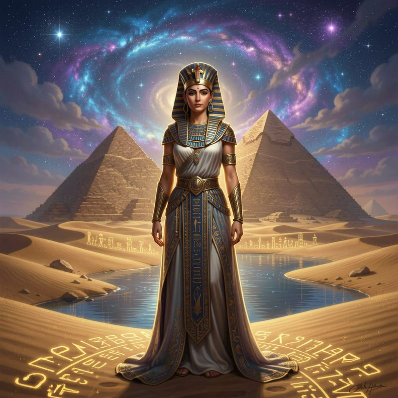 Regal ancient Egyptian queen standing between Giza pyramids under a swirling cosmic night sky above a desert oasis