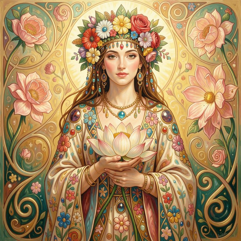 Art Nouveau portrait of a gentle flower-crowned nature goddess holding a sacred pink lotus