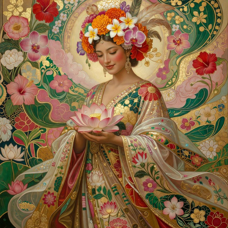 Serene woman with a tropical flower crown holds a pink lotus against an ornate floral art nouveau...