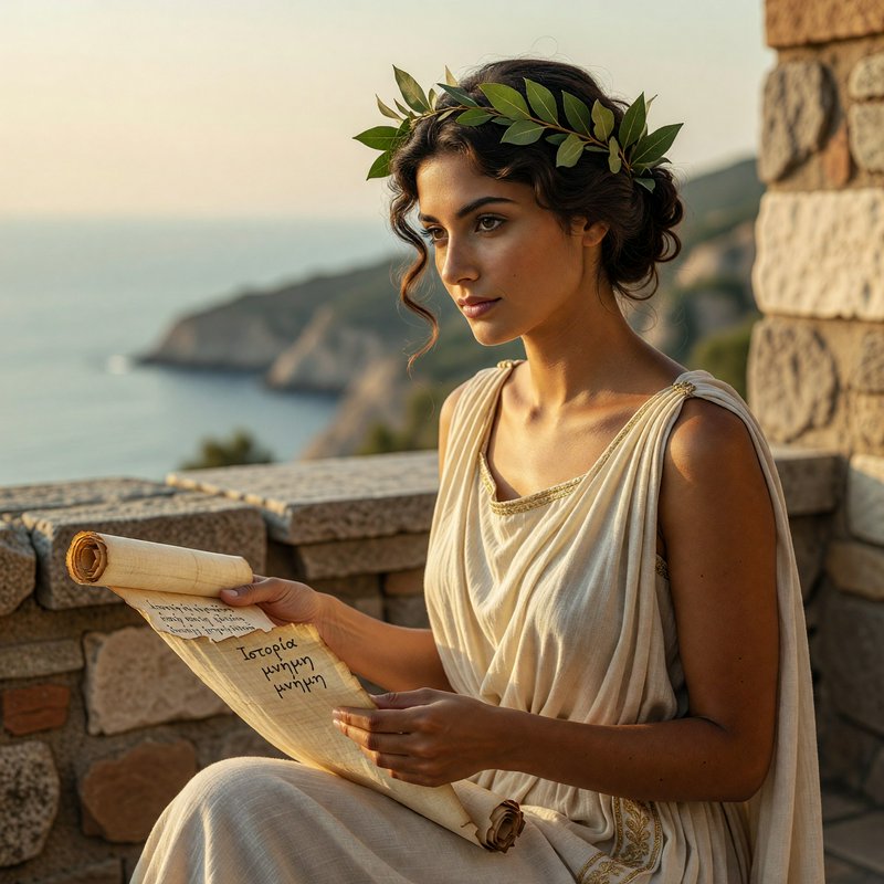 Ancient Greek woman wearing a laurel crown holds a papyrus scroll overlooking a sunlit Mediterran...