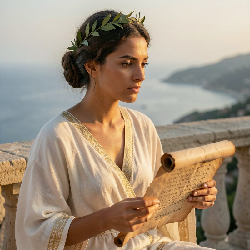 Woman in ancient Greek robes with laurel crown reading a papyrus scroll on a coastal overlook at ...