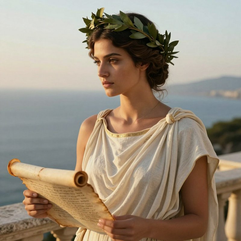 Woman in ancient Greek attire with laurel crown holding a papyrus scroll overlooking a coastal sea