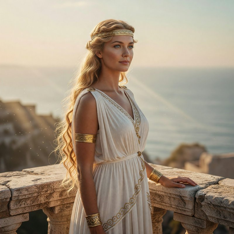 Regal Greek goddess in an embroidered white tunic stands on a stone seaside balcony at golden hour