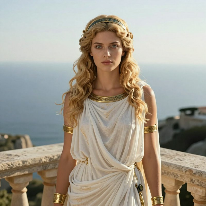 Regal ancient Greek goddess in a draped white toga stands on a stone coastal balcony overlooking ...