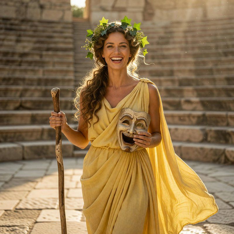 Smiling Greek comedy muse holds a theatrical mask and wooden staff in an ancient stone amphitheatre