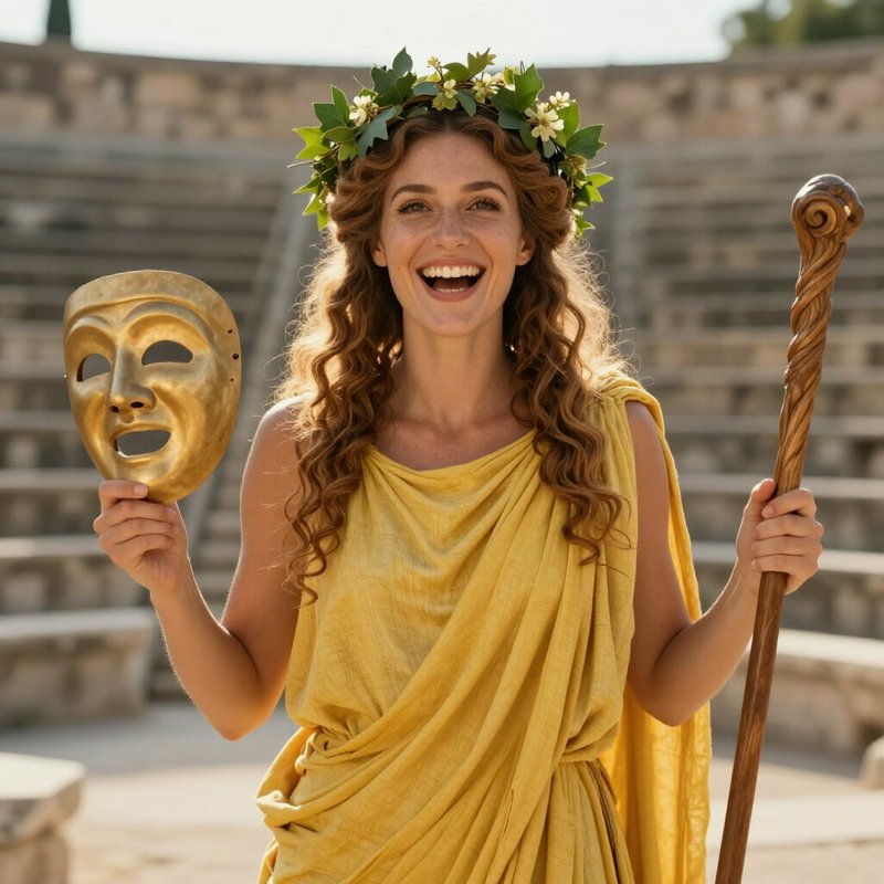 Smiling ancient Greek theatre performer holding a golden comedy mask and staff in a stone amphith...