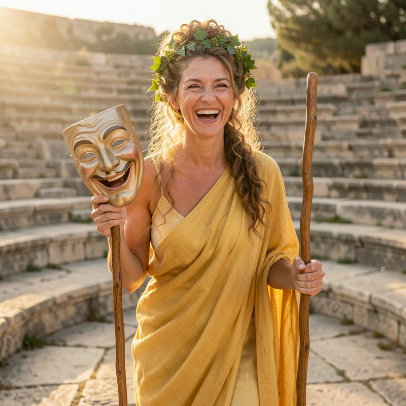 Laughing woman in ancient Greek costume holding a comedy mask in a stone amphitheater at golden hour