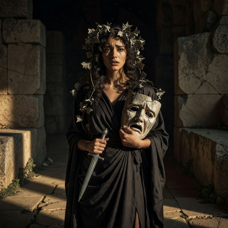 Crying ancient Greek woman holds a tragedy mask and dagger while standing in sunlit stone ruins