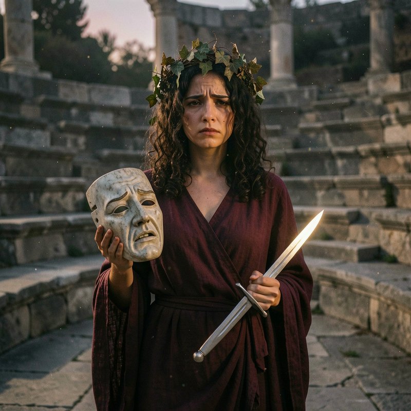Somber woman with ivy crown holds a tragedy mask and sword standing in an ancient stone amphitheater