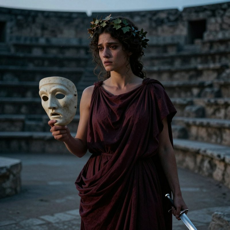 Woman in ancient Greek attire holds a tragedy mask and sword while standing in a stone amphitheatre