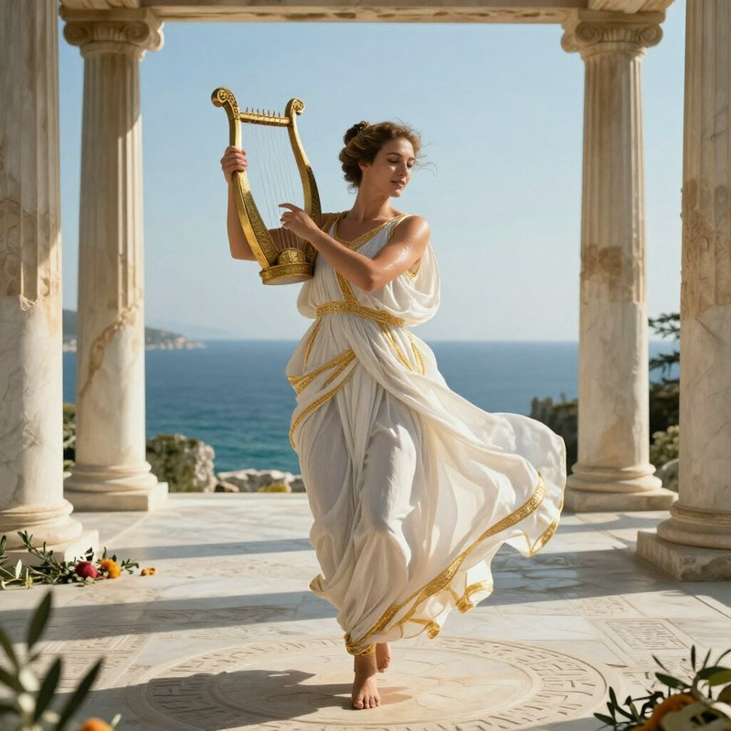Woman in an ancient Greek gown playing a golden lyre on a marble seaside temple terrace