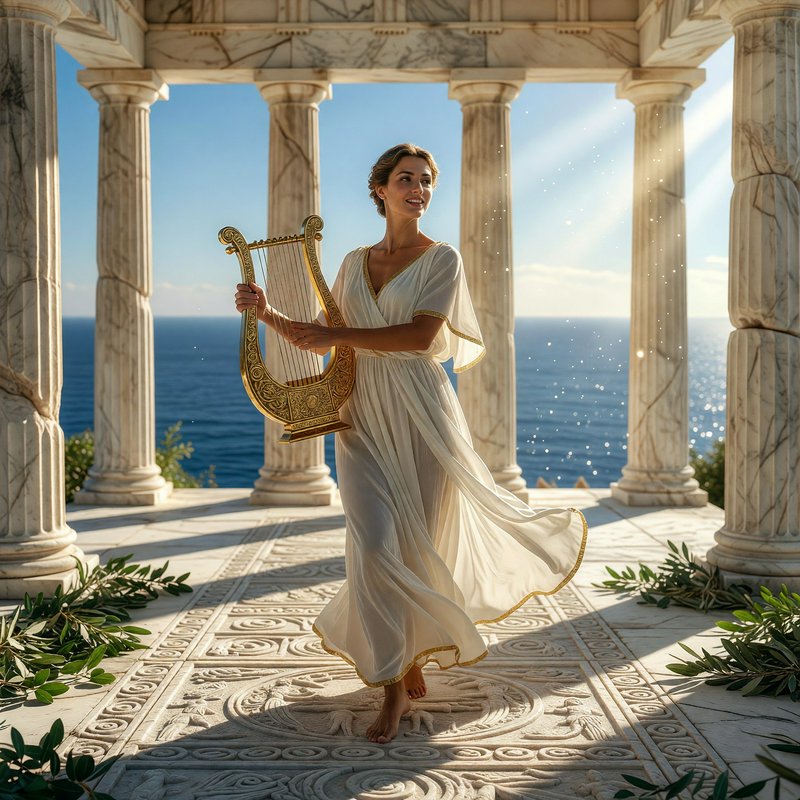 Graceful woman in a flowing Grecian gown holds an ornate golden lyre inside a marble coastal temp...