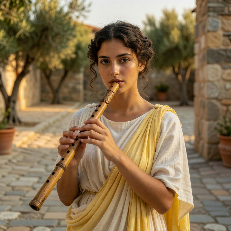 Young woman in classical Mediterranean attire playing a hand-carved wooden flute in a sunlit ston...