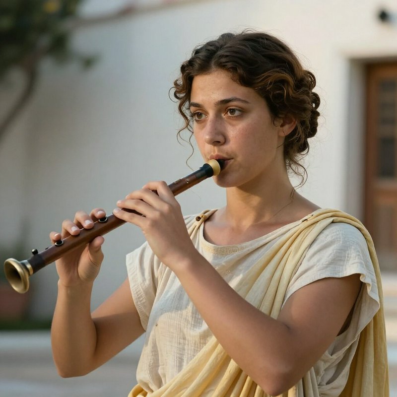 Woman in classical Greek attire playing a wooden flute outside a sunlit villa