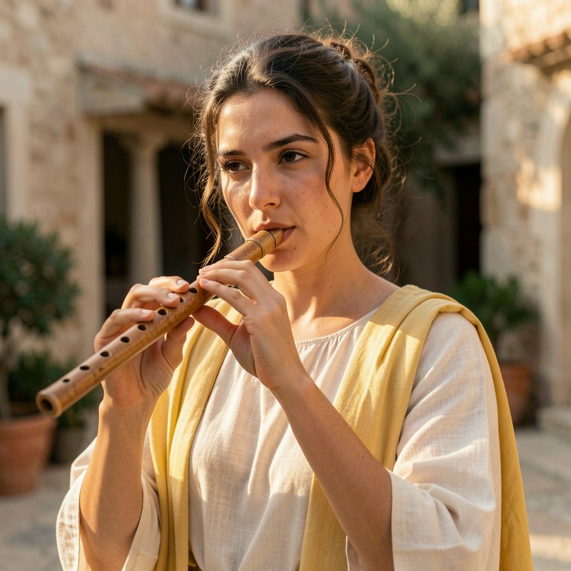 Young woman in linen clothing plays a wooden flute in a sunlit stone courtyard