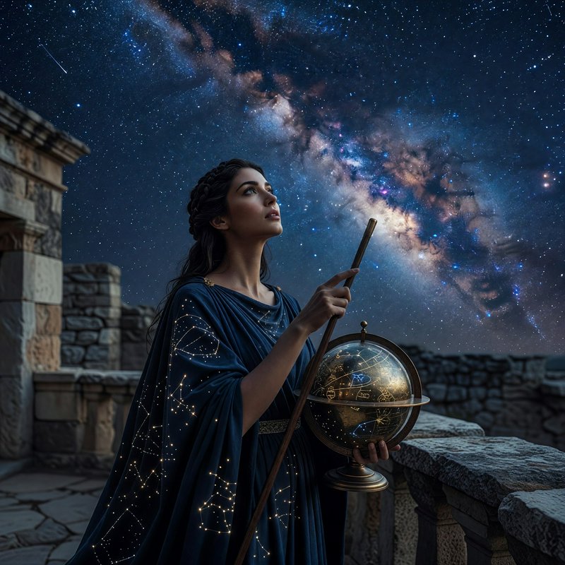 Woman in constellation embroidered robes holds an armillary sphere gazing up at the Milky Way fro...