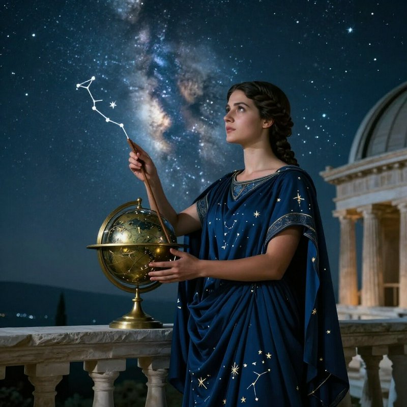 Female ancient astronomer traces a glowing constellation beside a brass celestial globe under a s...