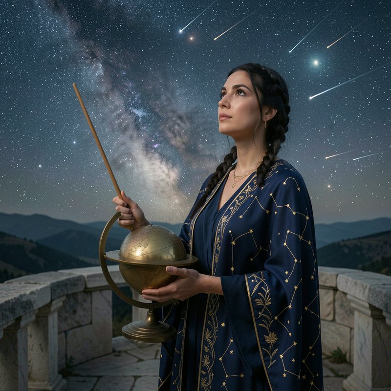 Female astrologer holding a brass celestial globe gazes up at a starry sky full of shooting stars...