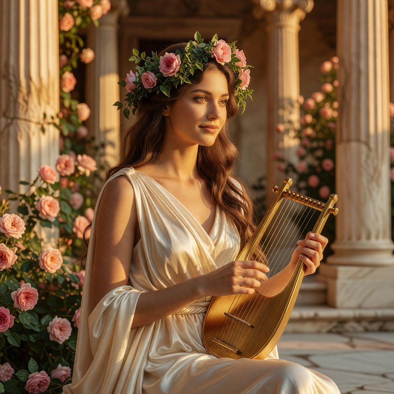 Woman wearing a pink rose flower crown holds a golden lyre in a sunlit classical courtyard