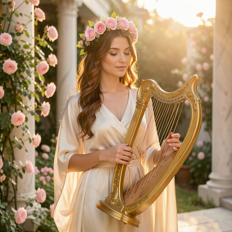 Woman wearing a pink rose crown holds an ornate golden harp in a sunlit classical rose garden