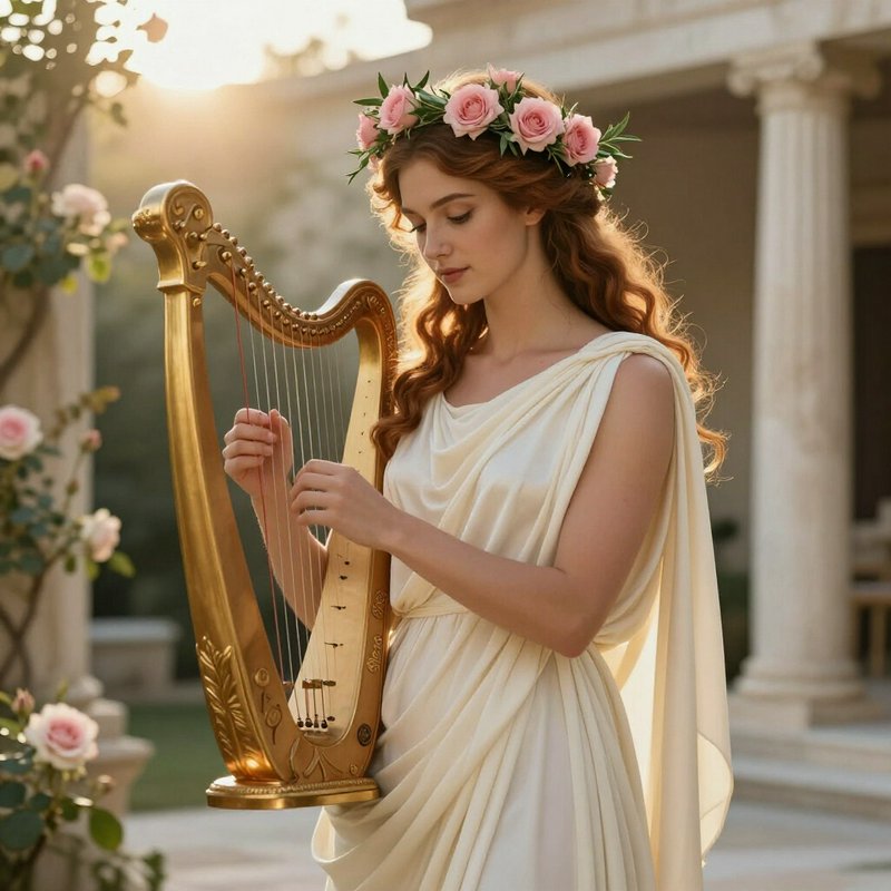 Woman wearing a pink rose crown and flowing Grecian tunic plays a golden harp in a sunlit courtyard