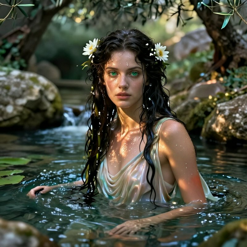 Ethereal water nymph with lily flowers in her hair stands waist deep in a sun dappled forest stream