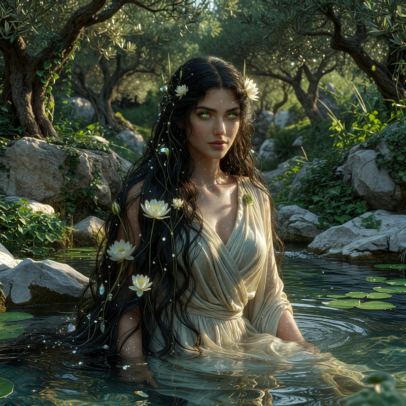 Ethereal water nymph standing waist-deep in a sunlit forest pond, lilies woven in her long dark hair