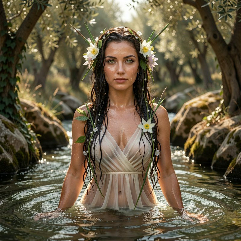 Ethereal woman with a flower crown standing waist-deep in a sunlit forest stream