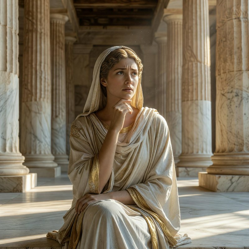 Pensive ancient Greco-Roman woman in draped ivory robes sits in a marble columned temple portico