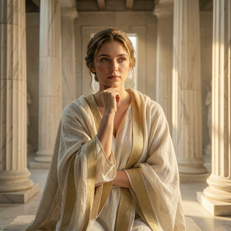 Pensive ancient Greek woman in gold-trimmed robes sits thoughtfully in a sunlit marble temple