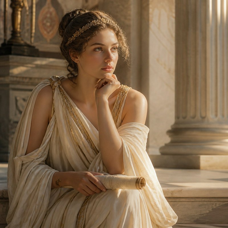 Pensive ancient Greek woman in a flowing chiton holds a scroll while seated on a marble temple step