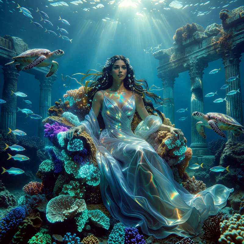 Ethereal sea queen sits on a bioluminescent coral throne in a sunken underwater ancient ruin with...