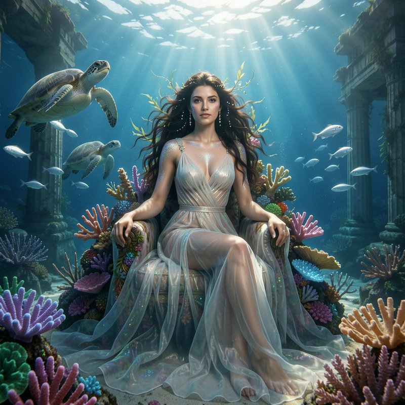 Ethereal sea goddess sits on a coral throne amid sunken ruins as sea turtles swim nearby