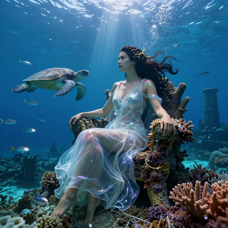 Ethereal ocean goddess sits on a coral throne while a sea turtle swims beside her in sunlit under...